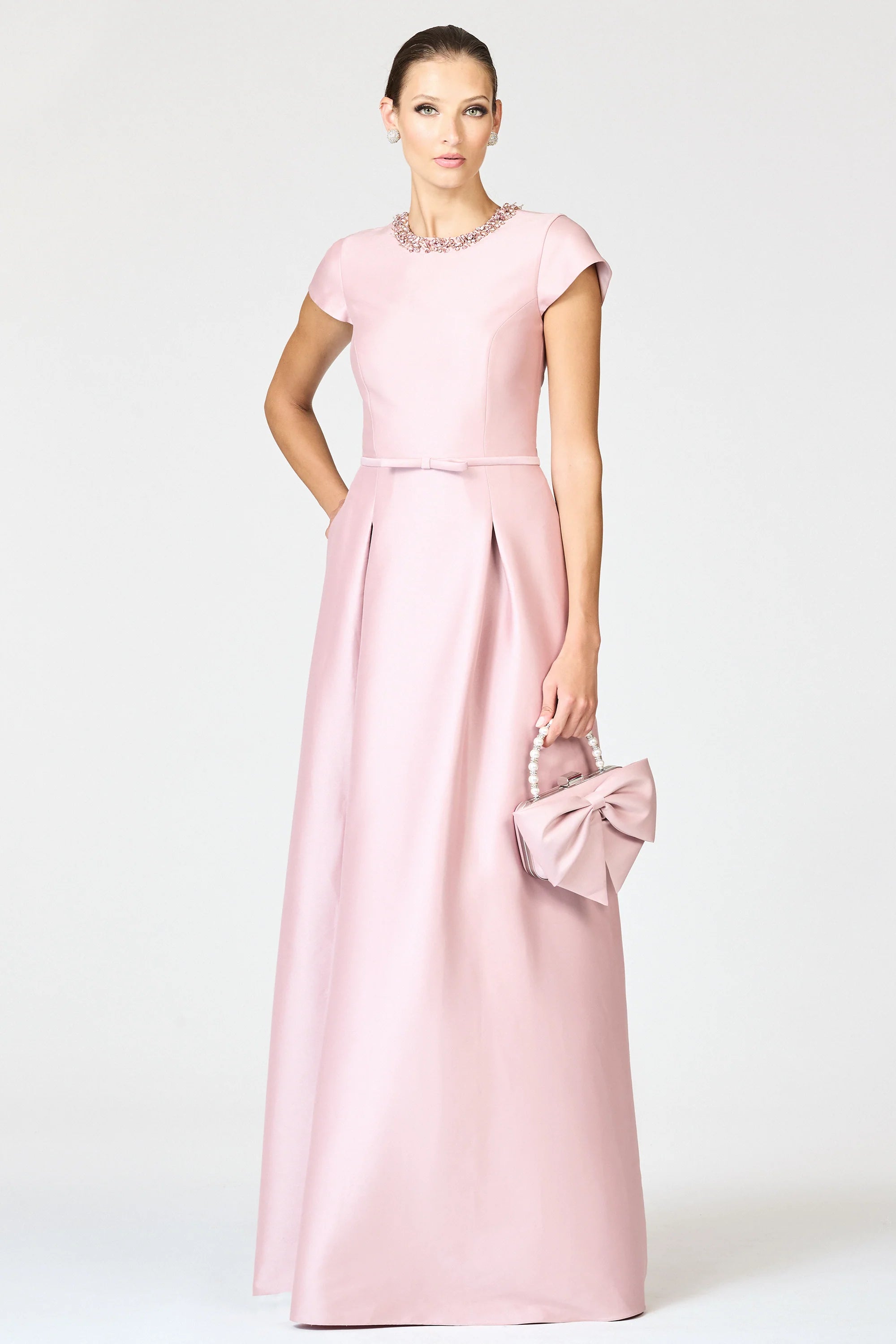 Embellished Neck A Line Crew Neck Short Sleeve Zipper Back Floor Length Female Evening Dress