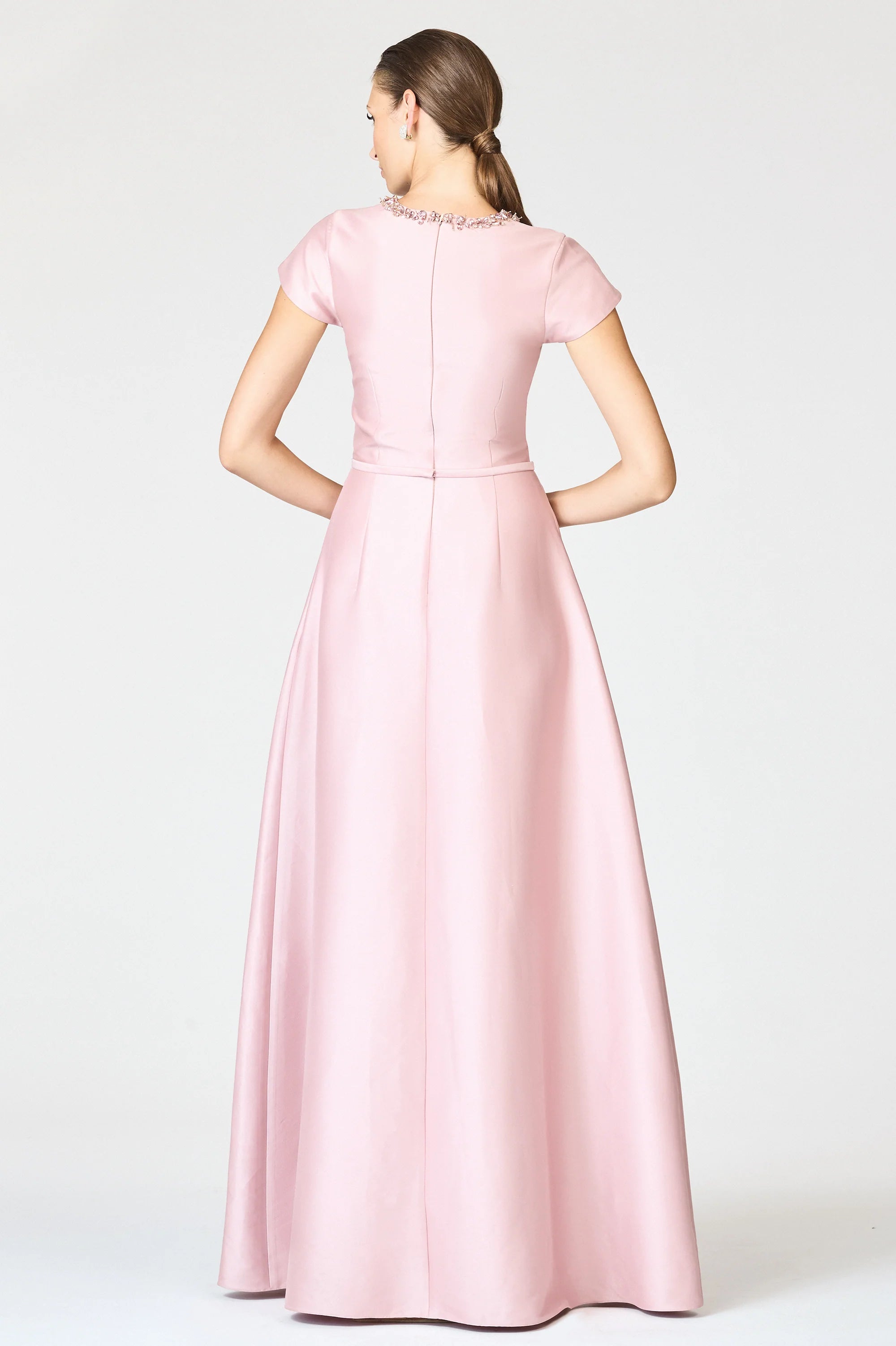 Embellished Neck A Line Crew Neck Short Sleeve Zipper Back Floor Length Female Evening Dress