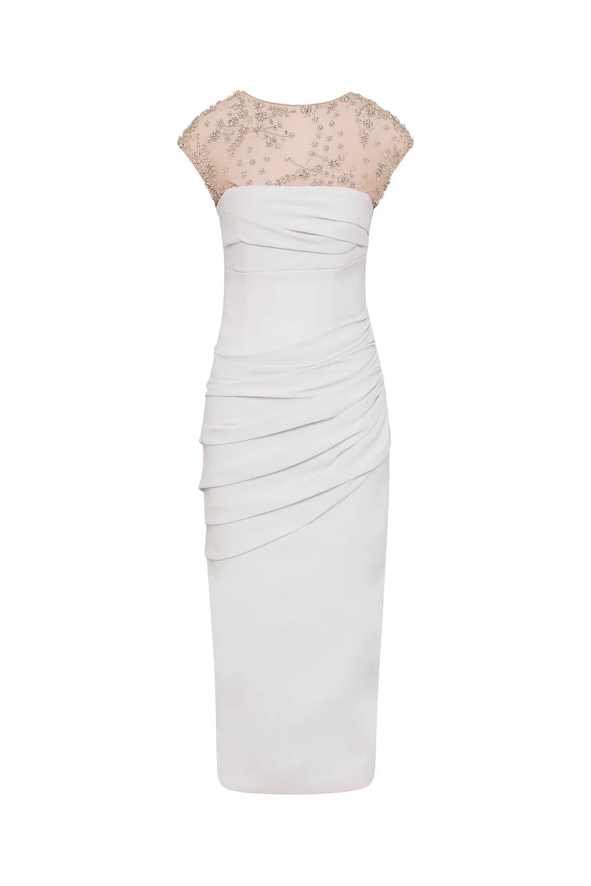 Embellished Sheath Crew Neck Cap Sleeve Zipper Back High Slit Midi Length For Women Prom Dress