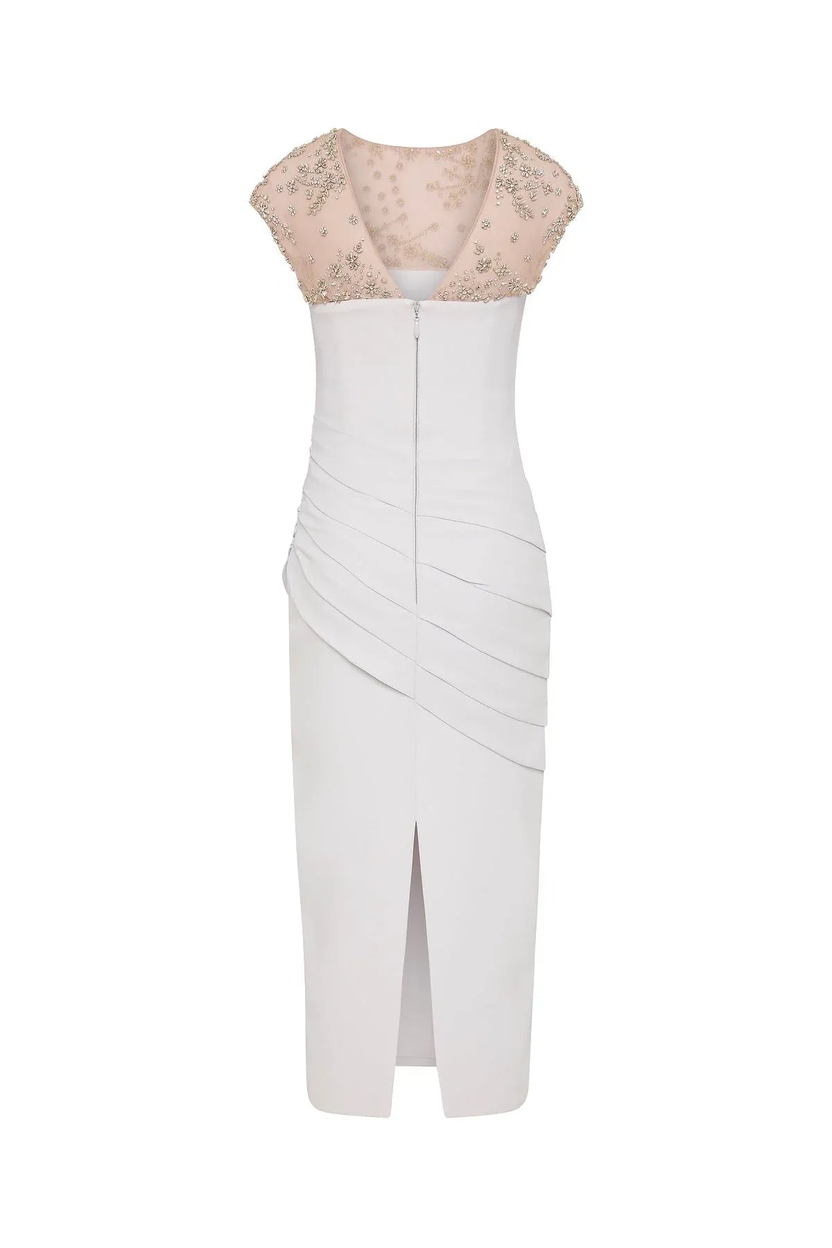 Embellished Sheath Crew Neck Cap Sleeve Zipper Back High Slit Midi Length For Women Prom Dress