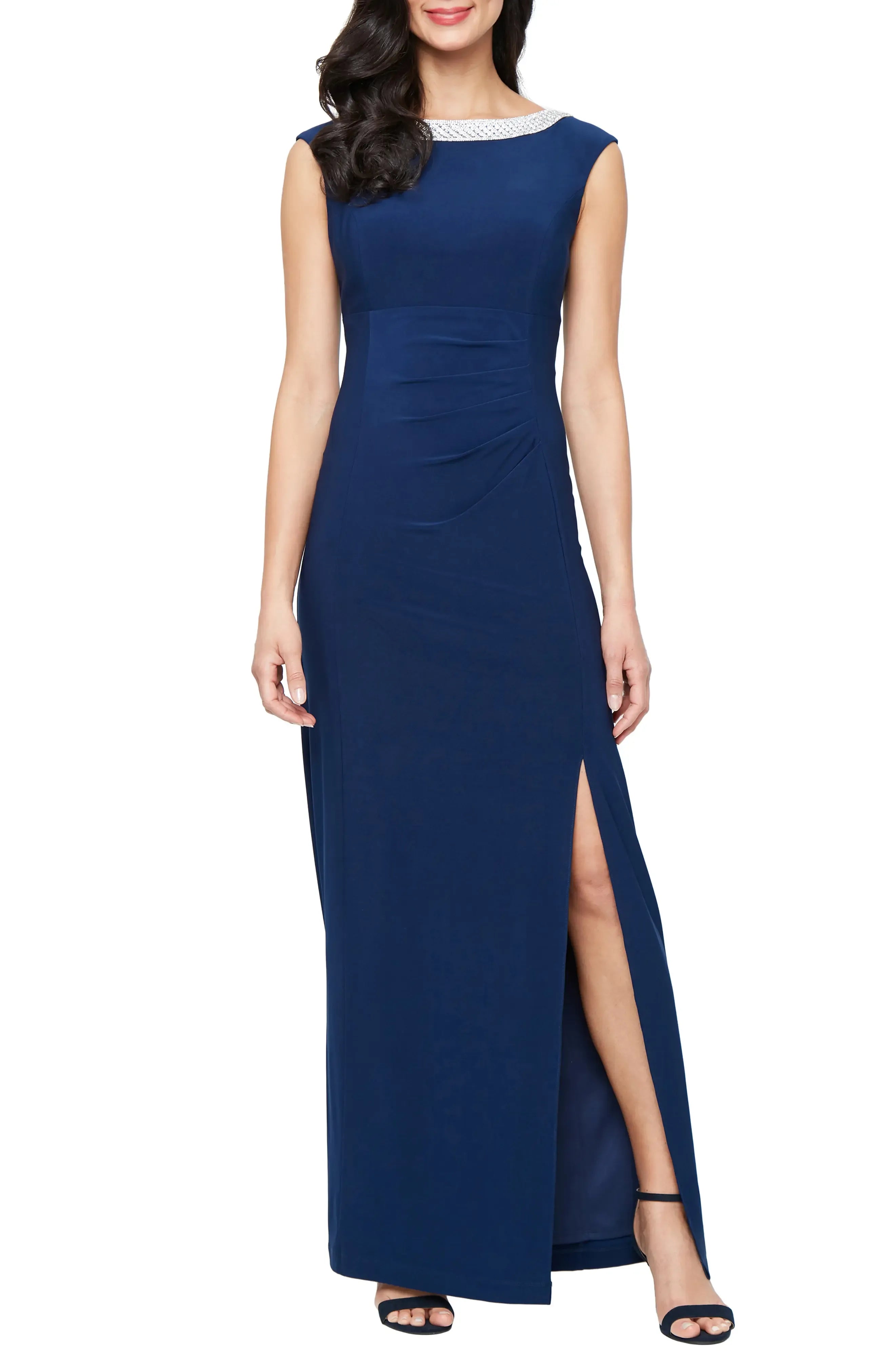 Embellished Sheath Crew Neck Sleeveless Zipper Back Floor Length For Ladies Evening Dress ﻿