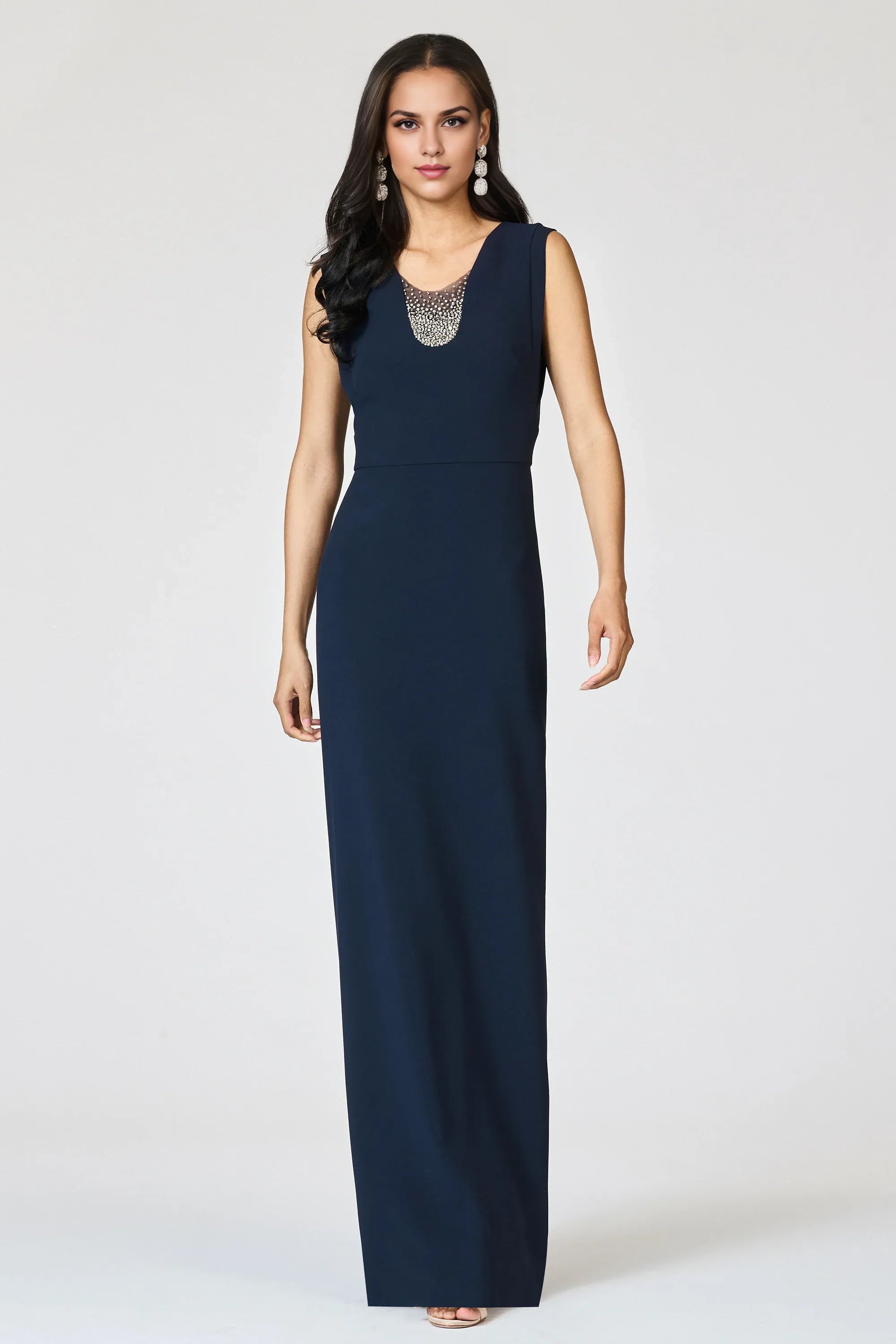 Embellished Sheath V Neck Sleeveless Zipper Back Floor Length Hot Sale Evening Dress