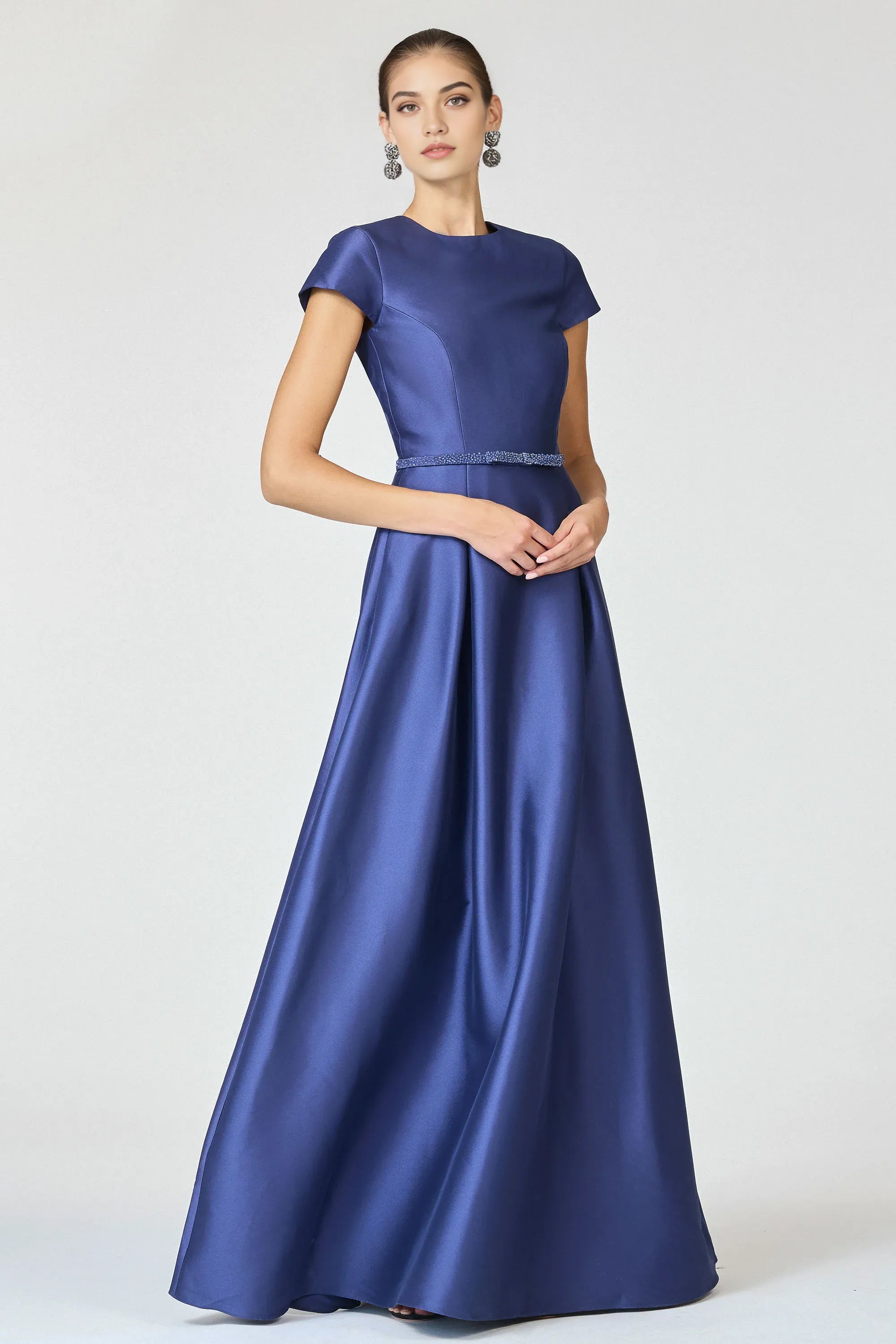 Embellished Waist A Line Crew Neck Short Sleeve Zipper Back Floor Length Female Evening Dress