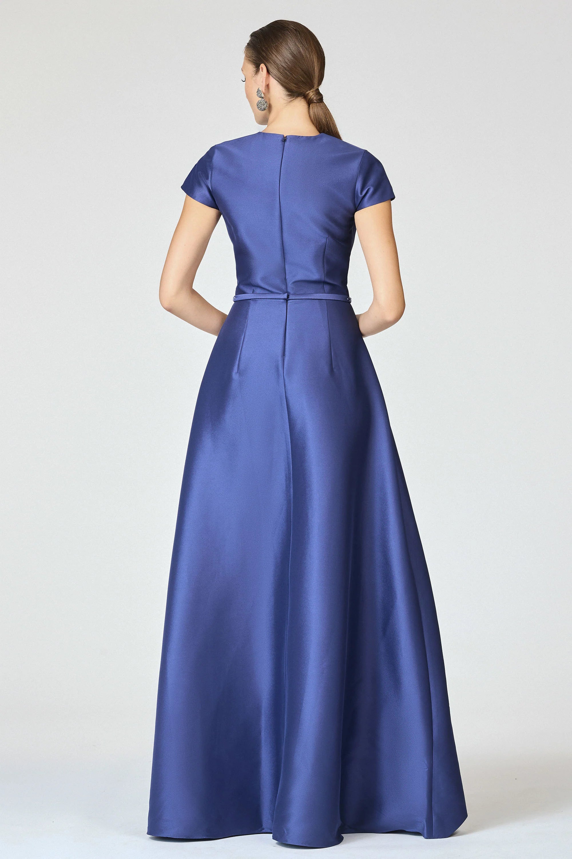 Embellished Waist A Line Crew Neck Short Sleeve Zipper Back Floor Length Female Evening Dress