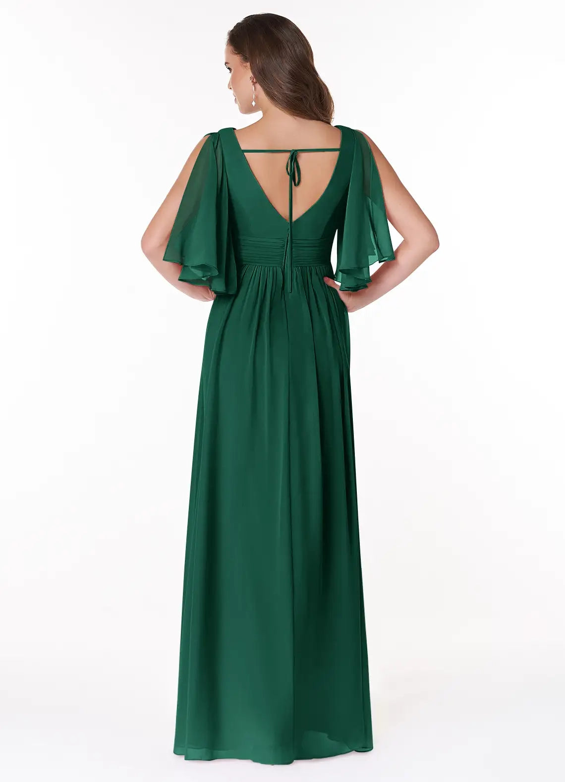 Emerald Green Chiffon Flutter Sleeve Maxi Dress with Side Slit Emerald A-Line Ruched Chiffon Dress Bridesmaid Dresses