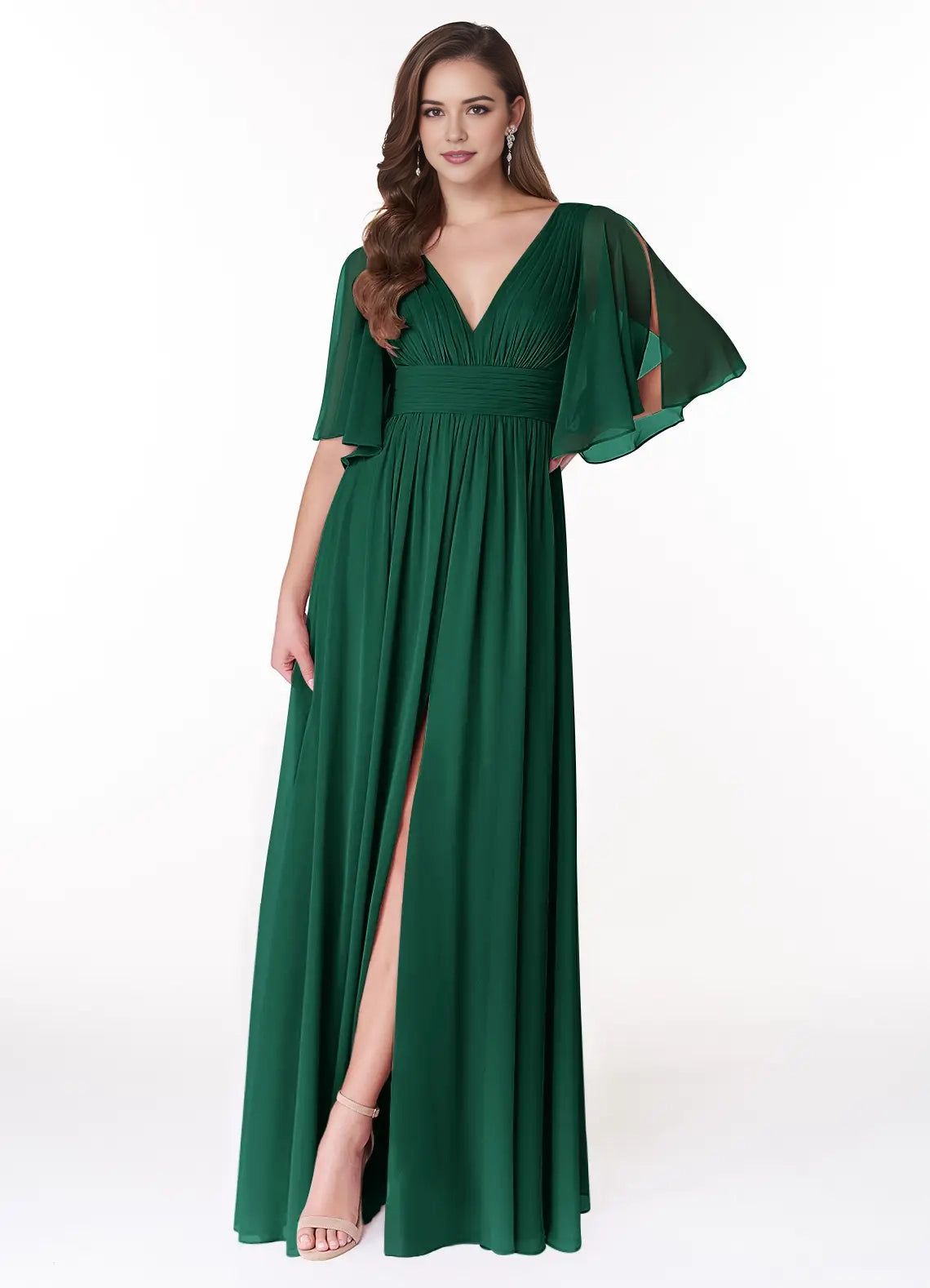 Emerald Green Chiffon Flutter Sleeve Maxi Dress with Side Slit Emerald A-Line Ruched Chiffon Dress Bridesmaid Dresses