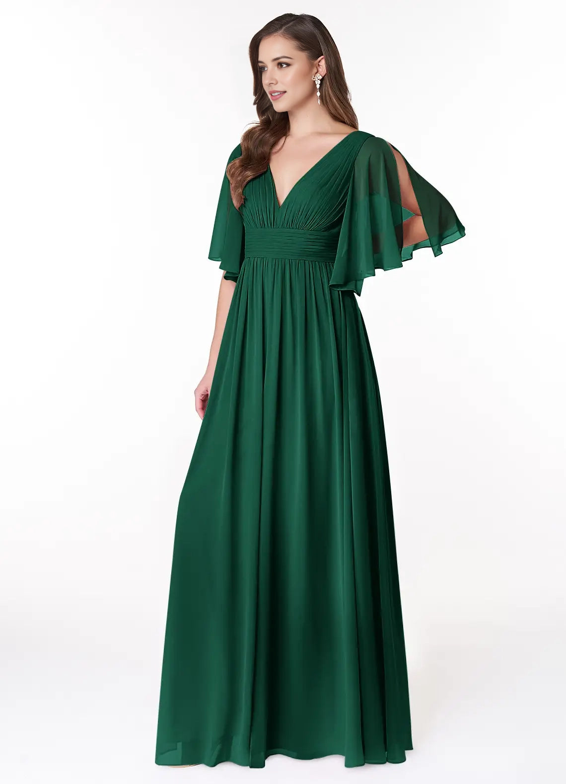 Emerald Green Chiffon Flutter Sleeve Maxi Dress with Side Slit Emerald A-Line Ruched Chiffon Dress Bridesmaid Dresses