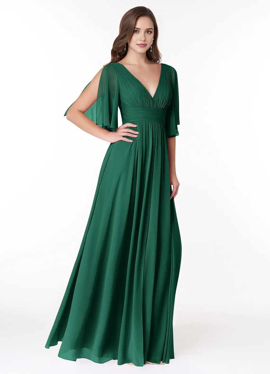 Emerald Green Chiffon Flutter Sleeve Maxi Dress with Side Slit Emerald A-Line Ruched Chiffon Dress Bridesmaid Dresses
