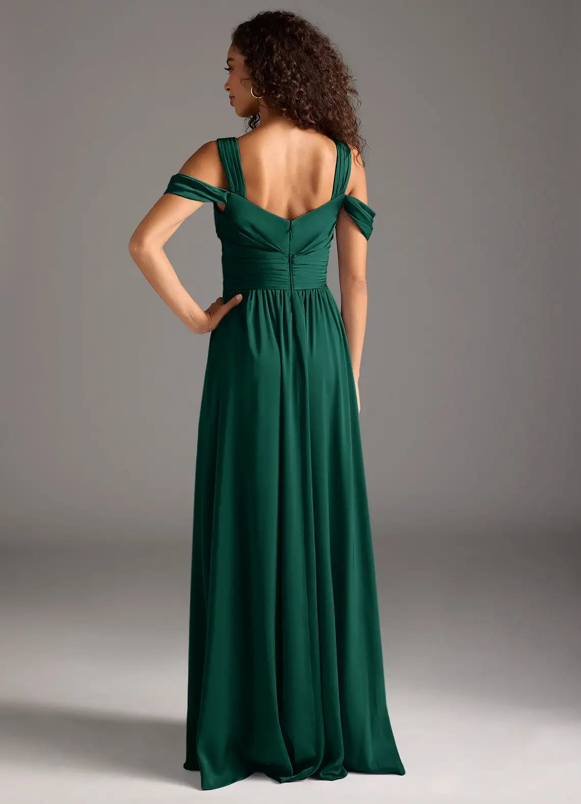 Emerald Green Cold-Shoulder Maxi Dress with Side Slit A-Line Off the Shoulder Stretch Satin Dress Bridesmaid Dresses
