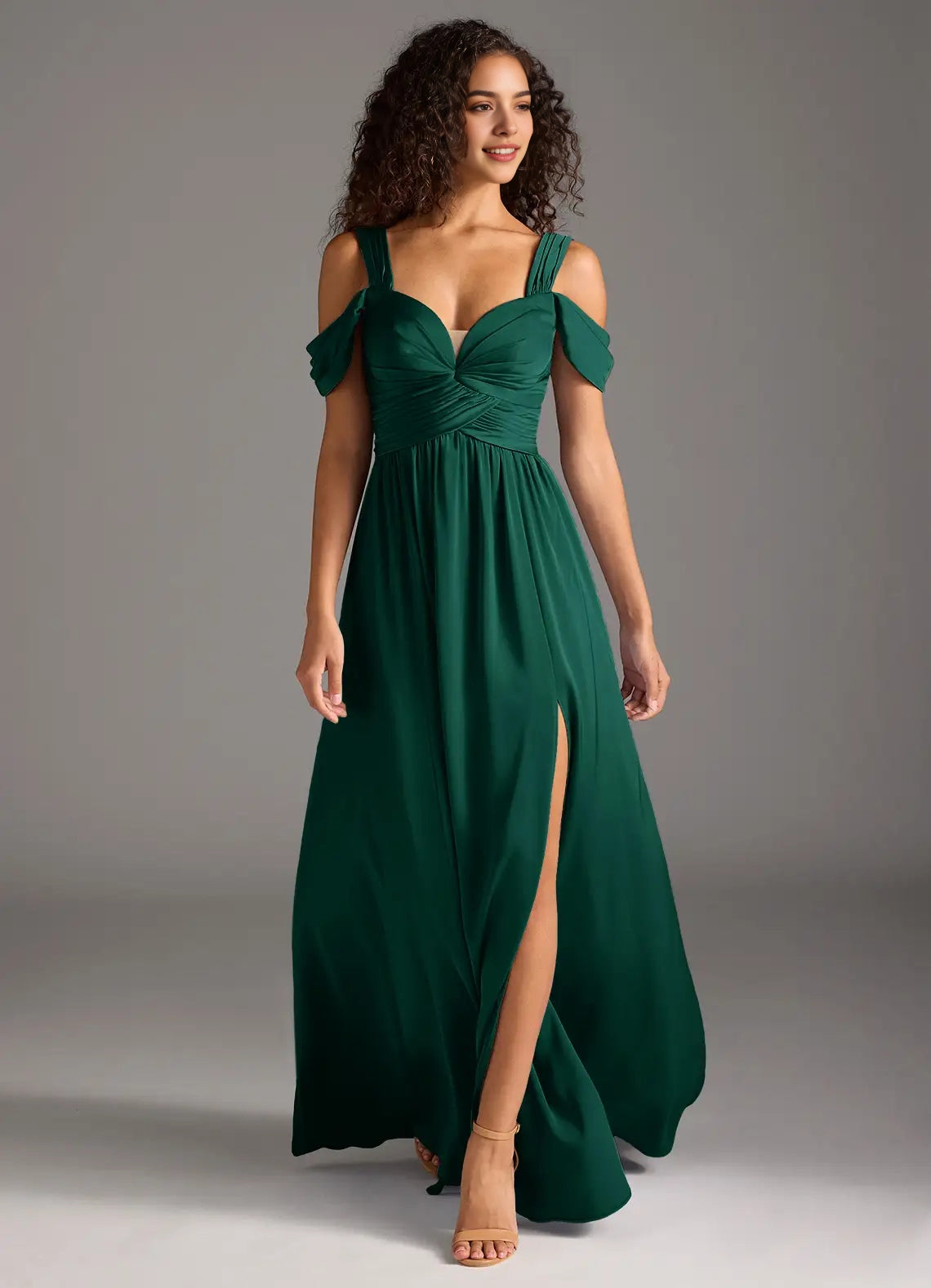 Emerald Green Cold-Shoulder Maxi Dress with Side Slit A-Line Off the Shoulder Stretch Satin Dress Bridesmaid Dresses
