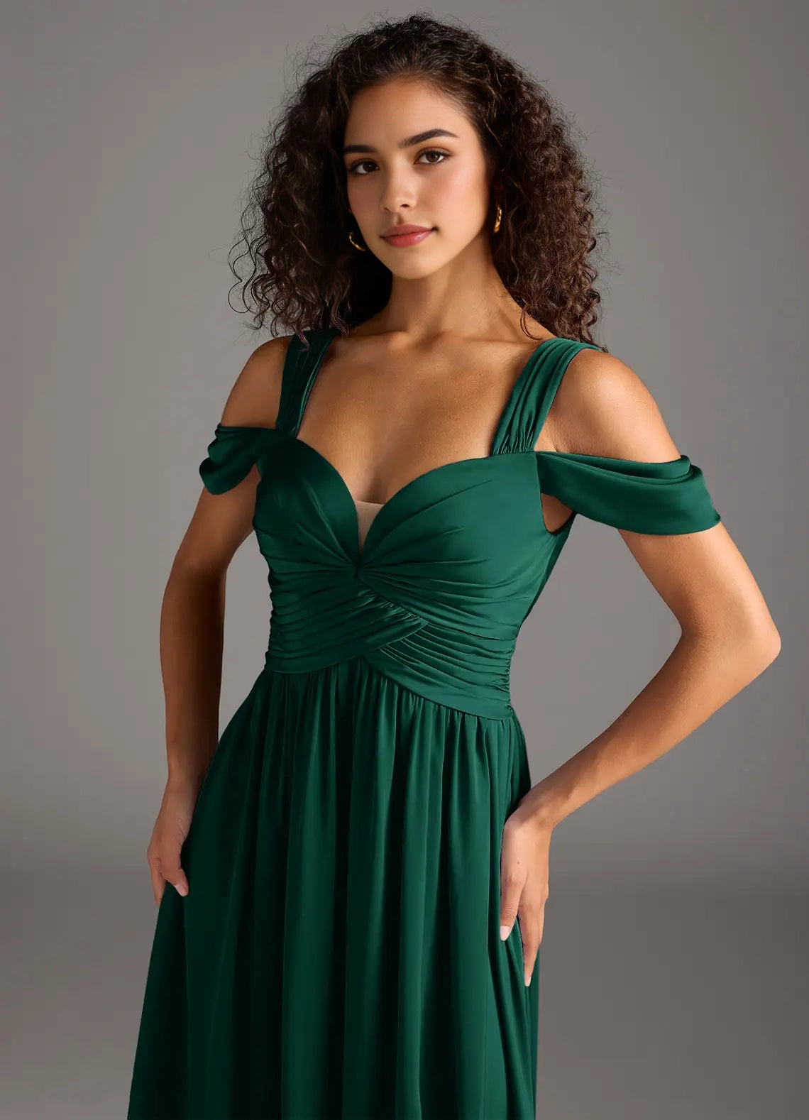 Emerald Green Cold-Shoulder Maxi Dress with Side Slit A-Line Off the Shoulder Stretch Satin Dress Bridesmaid Dresses