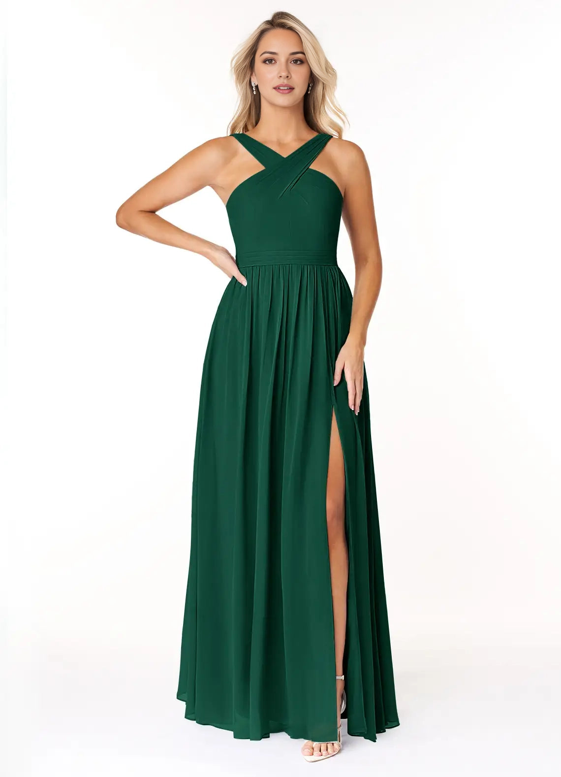 Emerald Green Cross - Strap Maxi Dress with Side Slit Emerald A-Line Pleated Chiffon Dress Bridesmaid Dresses