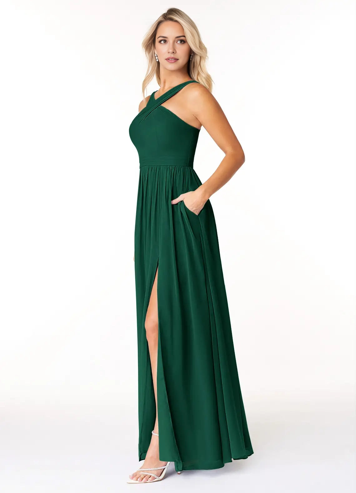 Emerald Green Cross - Strap Maxi Dress with Side Slit Emerald A-Line Pleated Chiffon Dress Bridesmaid Dresses
