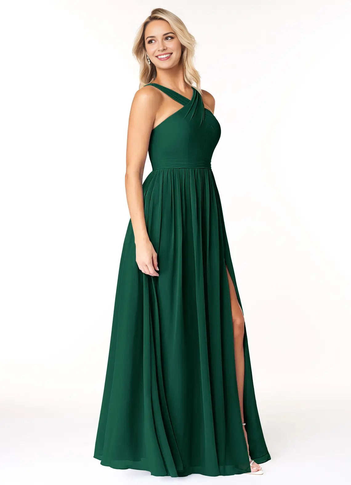 Emerald Green Cross - Strap Maxi Dress with Side Slit Emerald A-Line Pleated Chiffon Dress Bridesmaid Dresses