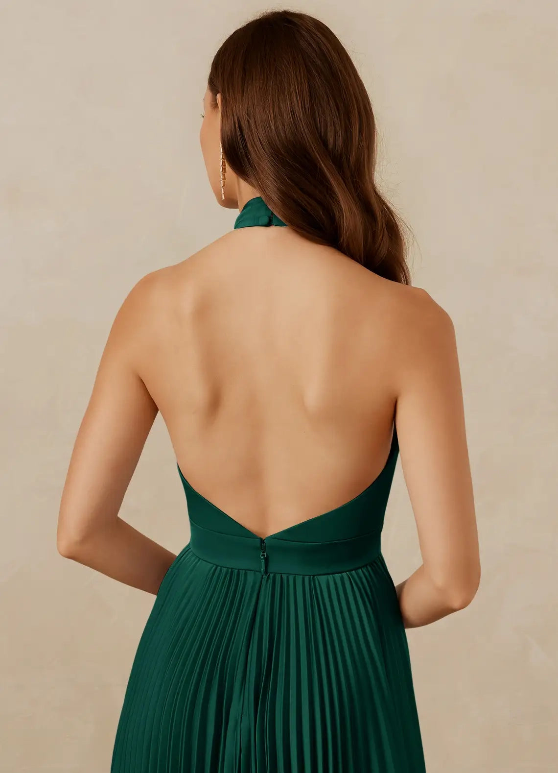 Emerald Green Halter Neck Pleated Maxi Dress with Side Slit A-Line Pleated Stretch Satin Dress Bridesmaid Dresses