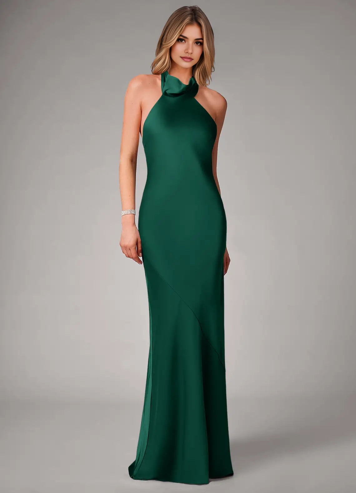 Emerald Green Halter Neck Satin Maxi Dress Emerald Mermaid Stretch Satin Dress Bridesmaid Dresses