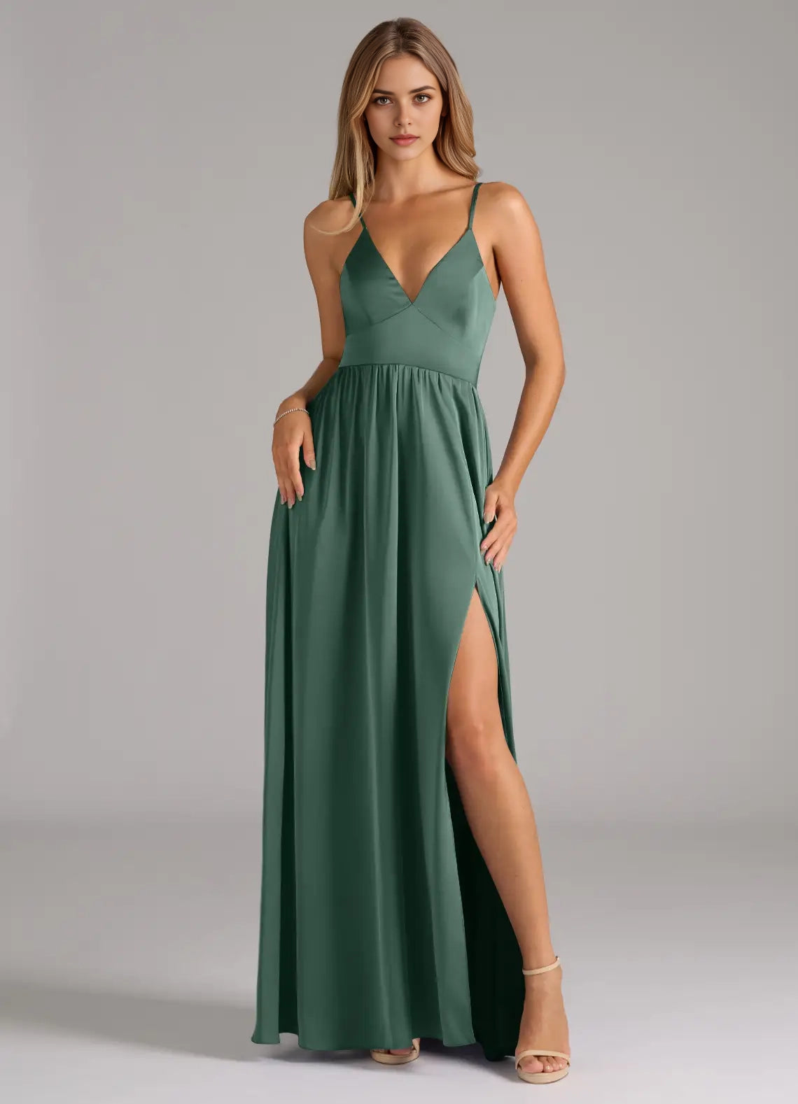Emerald Green Lace-Up Back Spaghetti Strap Maxi Dress with Side Slit  A-Line Corset Stretch Satin Dress Bridesmaid Dresses