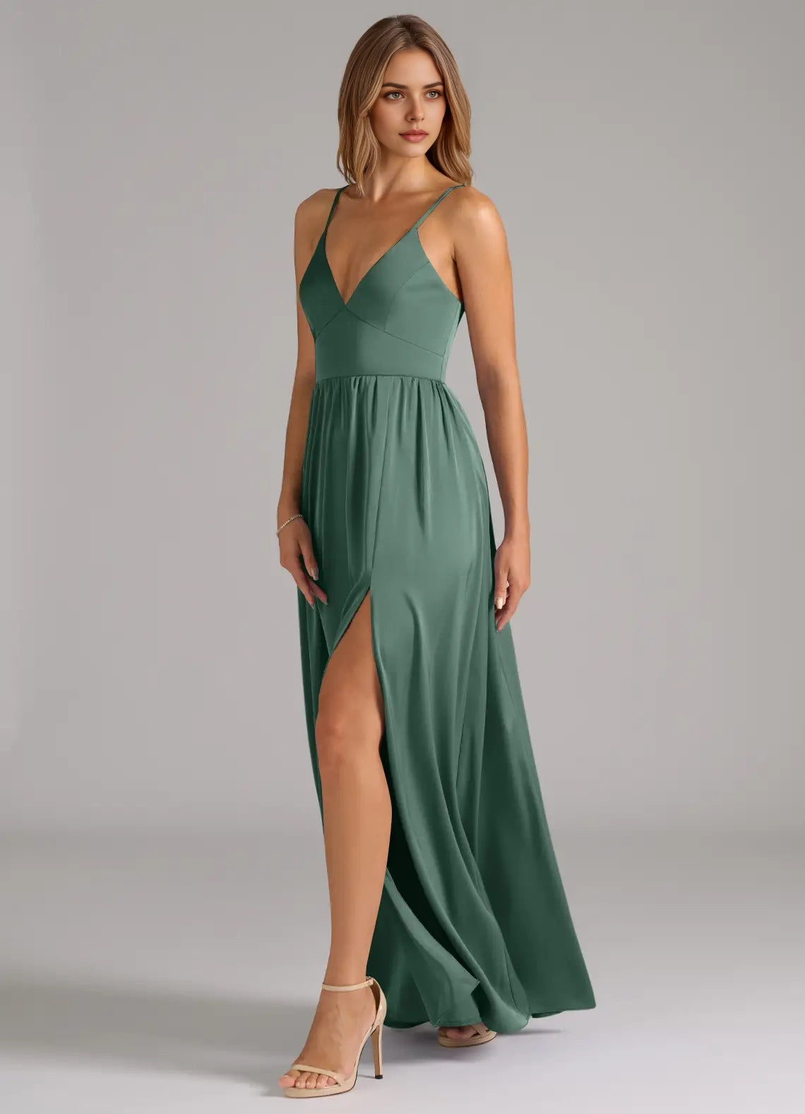 Emerald Green Lace-Up Back Spaghetti Strap Maxi Dress with Side Slit  A-Line Corset Stretch Satin Dress Bridesmaid Dresses