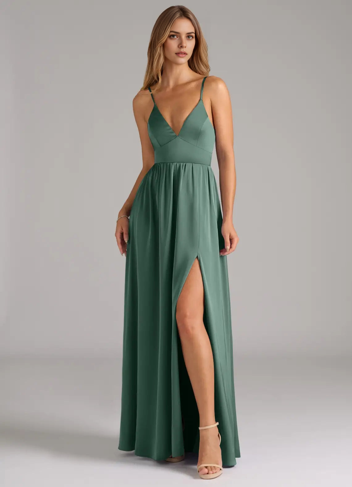 Emerald Green Lace-Up Back Spaghetti Strap Maxi Dress with Side Slit  A-Line Corset Stretch Satin Dress Bridesmaid Dresses