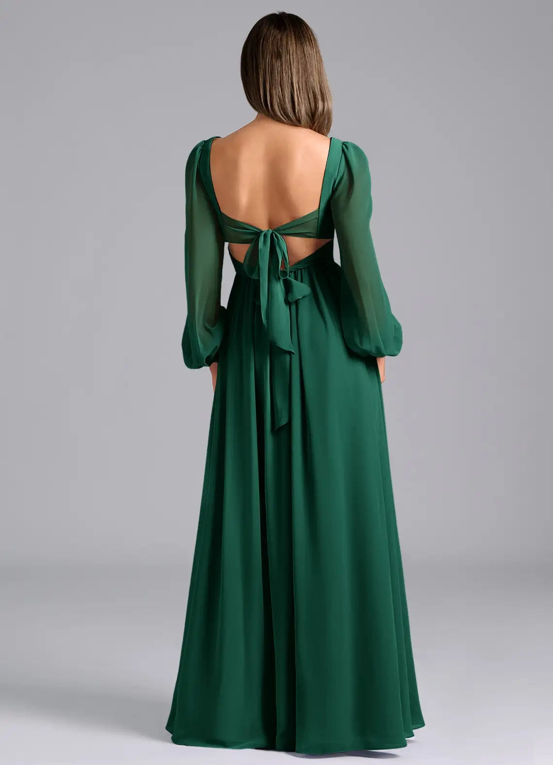 Emerald Green Long Sleeve Maxi Dress with Open Back and Side Slit A-Line Long Sleeve Chiffon Dress Bridesmaid Dresses