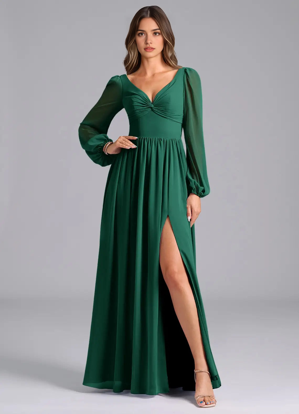Emerald Green Long Sleeve Maxi Dress with Open Back and Side Slit A-Line Long Sleeve Chiffon Dress Bridesmaid Dresses