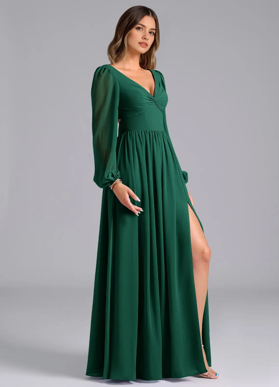 Emerald Green Long Sleeve Maxi Dress with Open Back and Side Slit A-Line Long Sleeve Chiffon Dress Bridesmaid Dresses