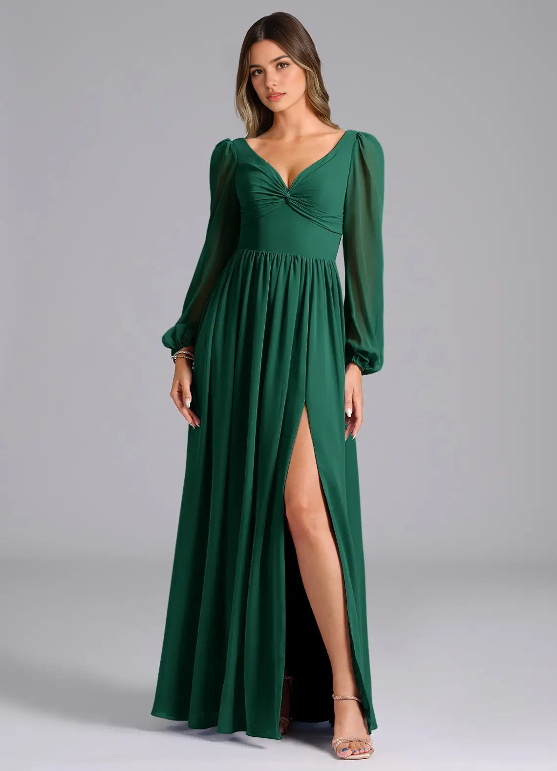Emerald Green Long Sleeve Maxi Dress with Open Back and Side Slit A-Line Long Sleeve Chiffon Dress Bridesmaid Dresses