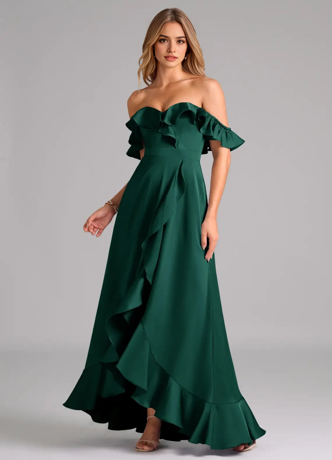 Emerald Green Off-Shoulder Ruffled Maxi Dress A-Line Off the Shoulder Stretch Satin Convertible Dress Bridesmaid Dresses