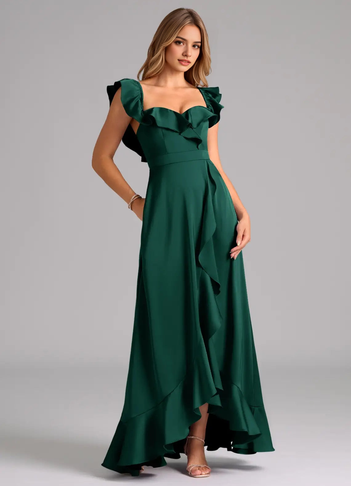Emerald Green Off-Shoulder Ruffled Maxi Dress A-Line Off the Shoulder Stretch Satin Convertible Dress Bridesmaid Dresses