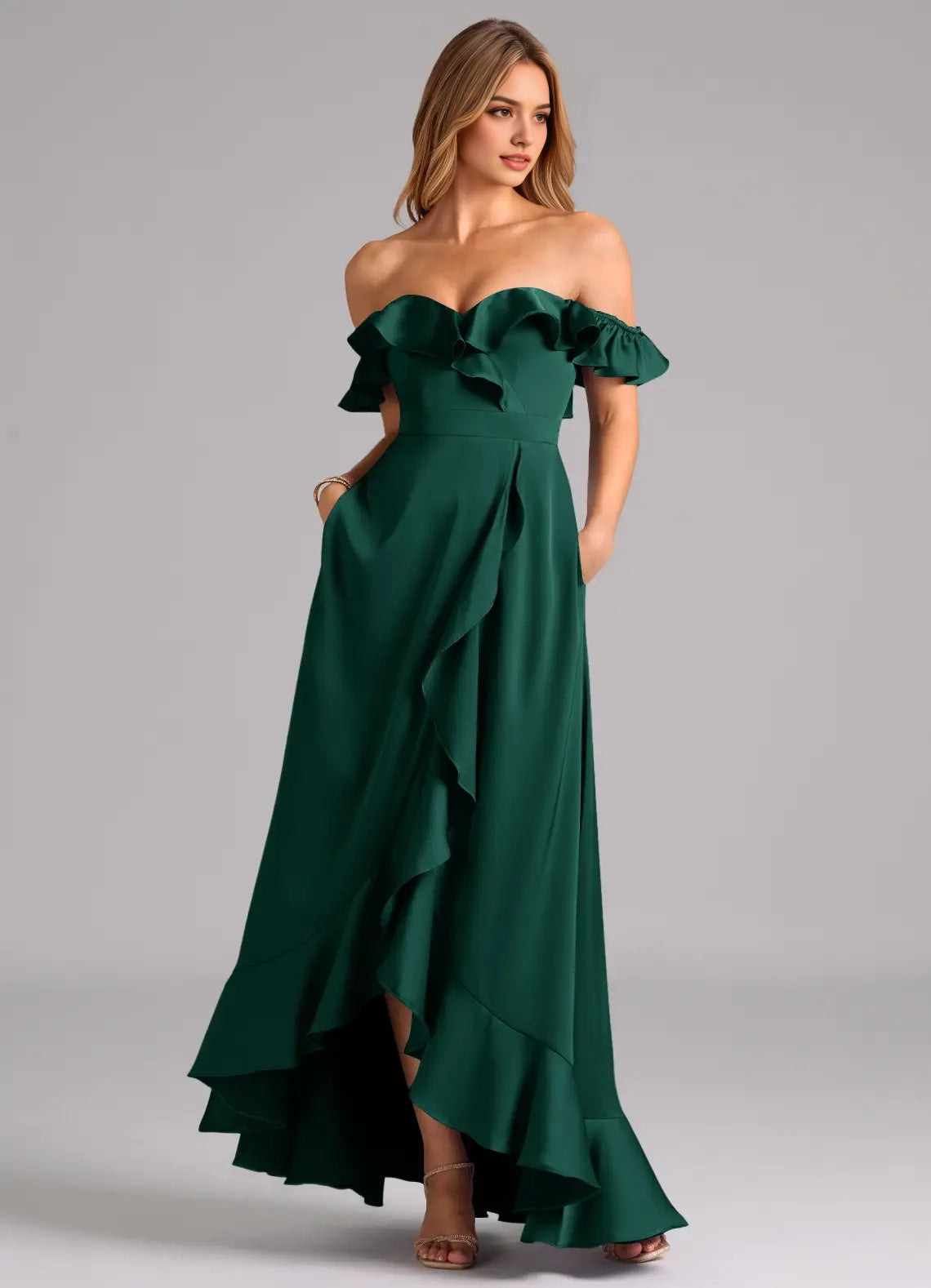 Emerald Green Off-Shoulder Ruffled Maxi Dress A-Line Off the Shoulder Stretch Satin Convertible Dress Bridesmaid Dresses
