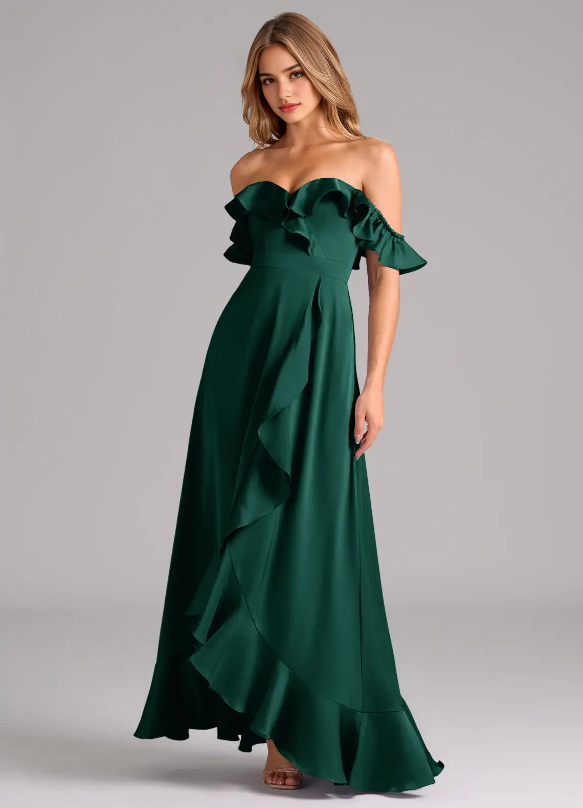 Emerald Green Off-Shoulder Ruffled Maxi Dress A-Line Off the Shoulder Stretch Satin Convertible Dress Bridesmaid Dresses