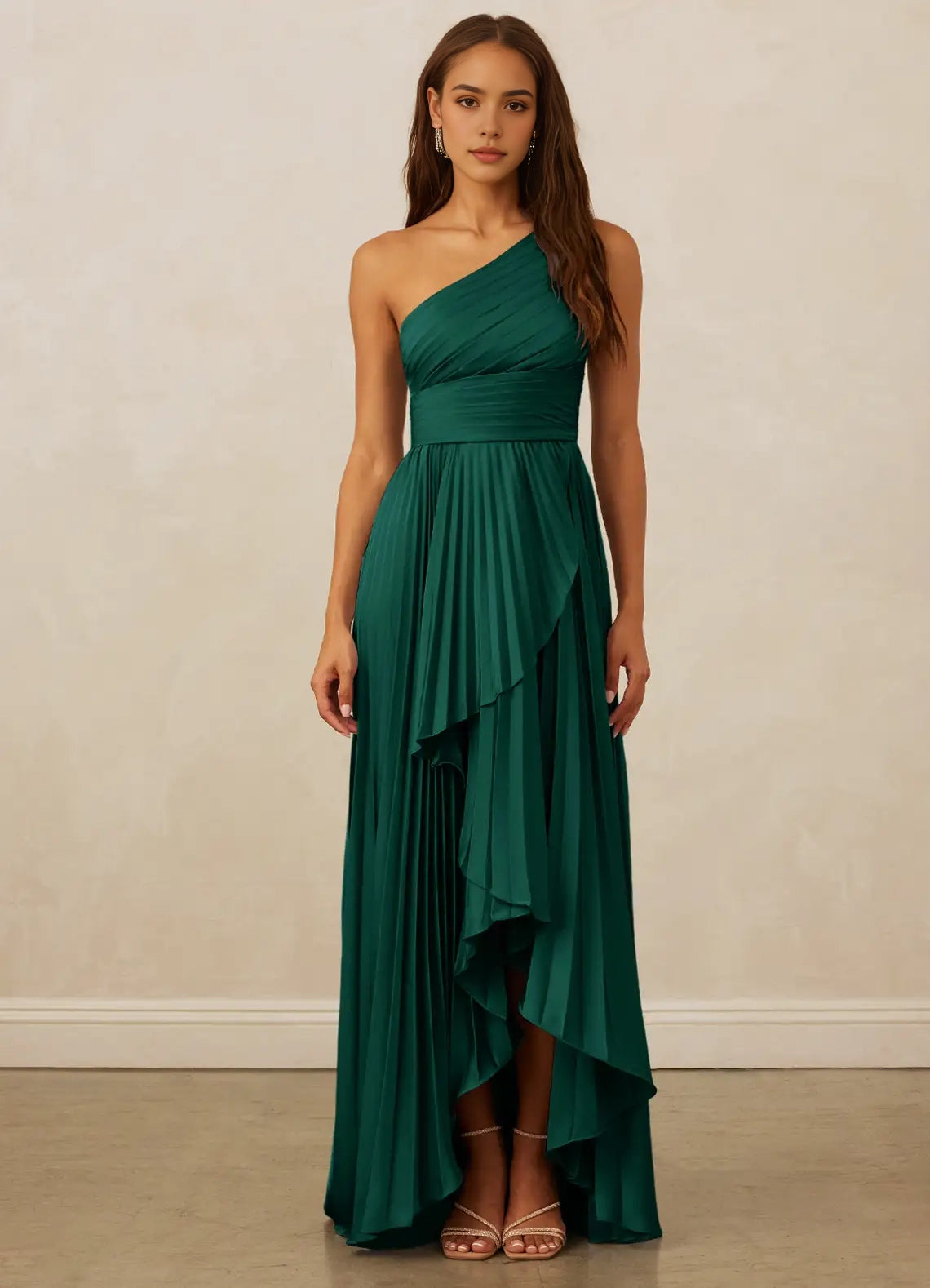 Emerald Green One-Shoulder Pleated Maxi Dress with Ruffled Detail A-Line One Shoulder Stretch Satin Dress Bridesmaid Dresses