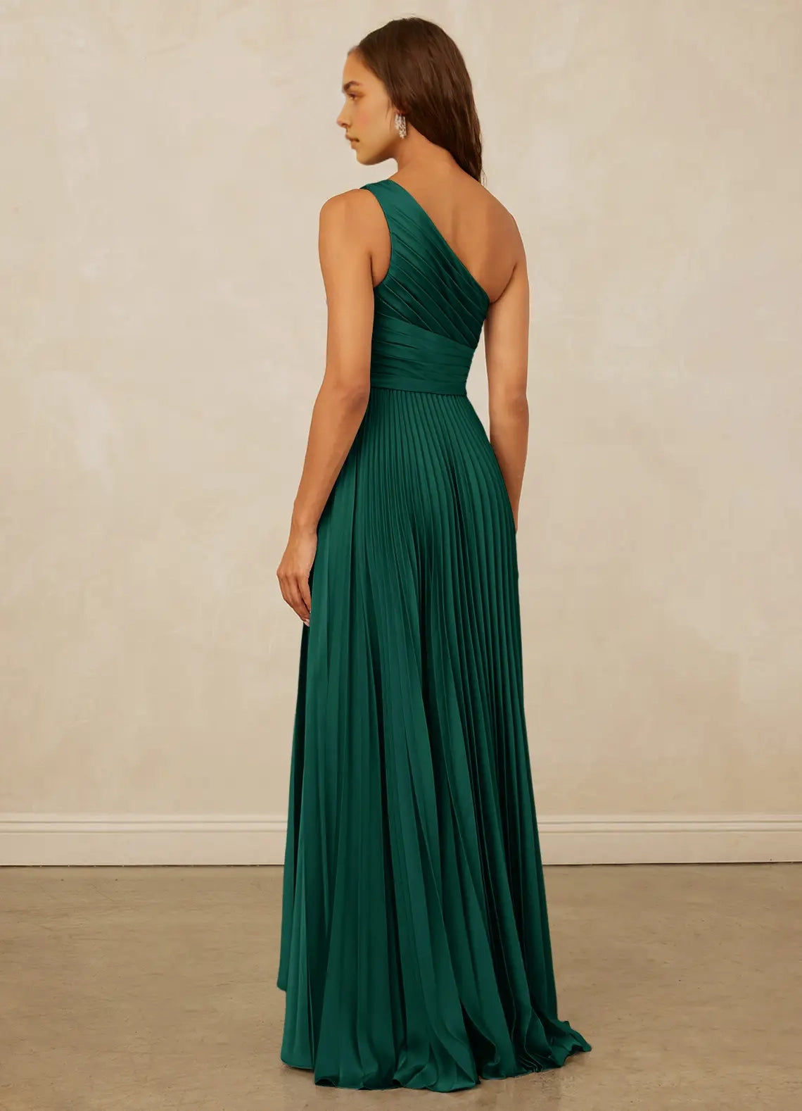 Emerald Green One-Shoulder Pleated Maxi Dress with Ruffled Detail A-Line One Shoulder Stretch Satin Dress Bridesmaid Dresses