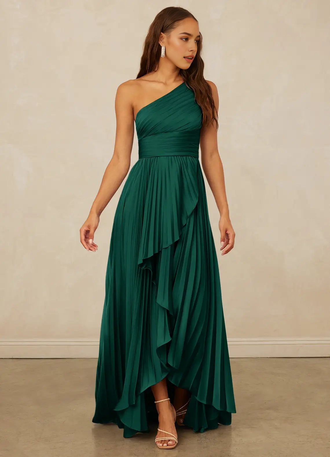 Emerald Green One-Shoulder Pleated Maxi Dress with Ruffled Detail A-Line One Shoulder Stretch Satin Dress Bridesmaid Dresses