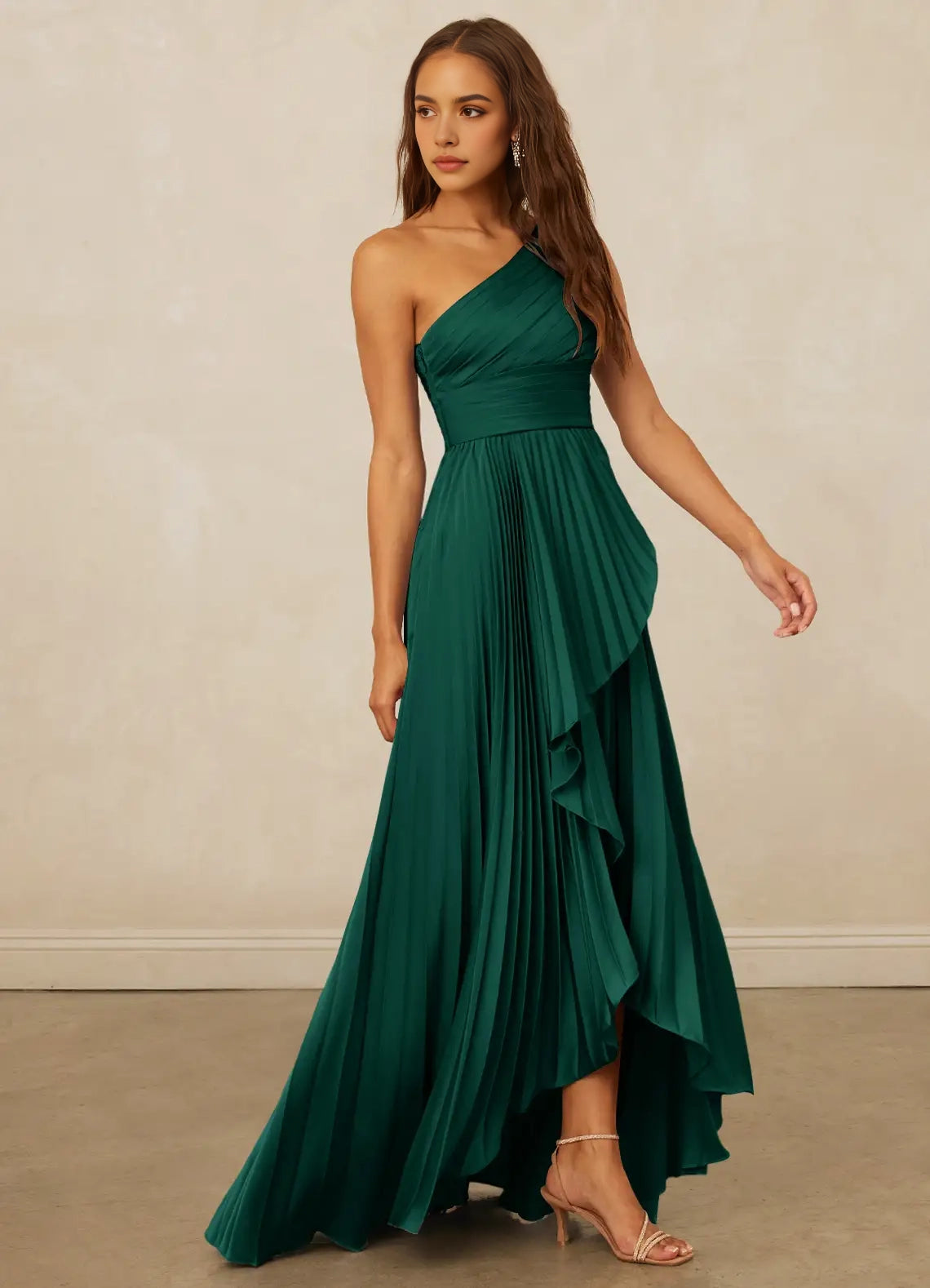 Emerald Green One-Shoulder Pleated Maxi Dress with Ruffled Detail A-Line One Shoulder Stretch Satin Dress Bridesmaid Dresses
