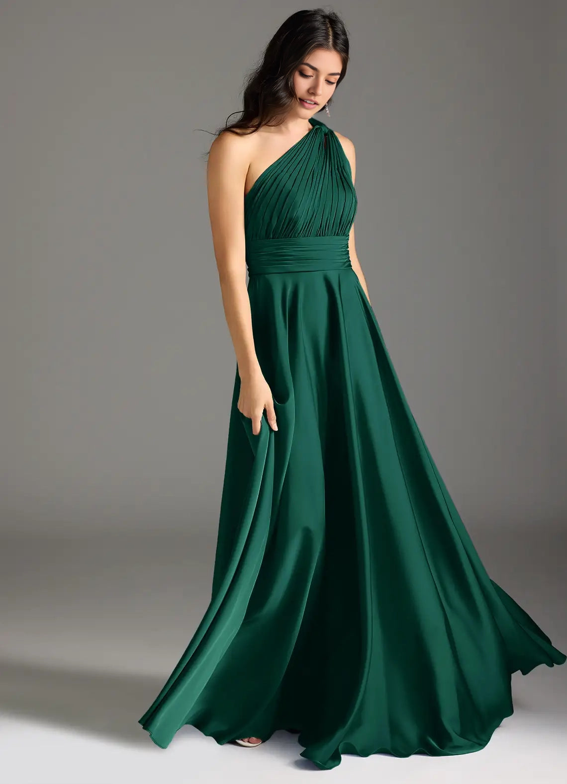 Emerald Green One-Shoulder Pleated Maxi Dress Emerald A-Line One Shoulder Stretch Satin Dress Bridesmaid Dresses