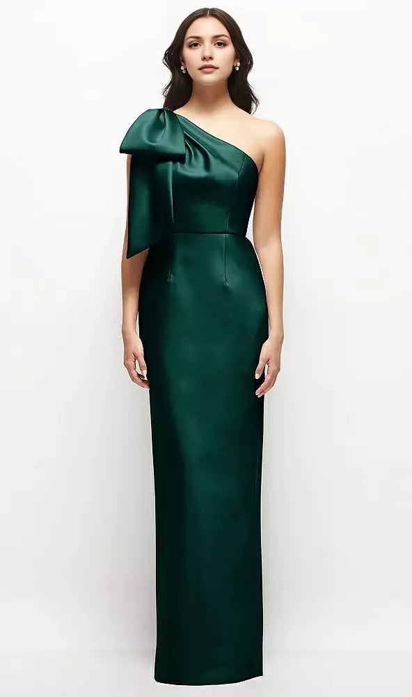 Emerald Green One Shedder Satin Maxi Dress with Bow satin twill fabric, easy and chic Mother of the Bride Dresses