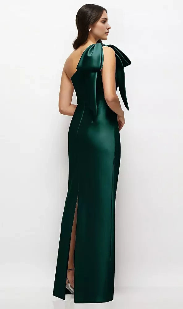 Emerald Green One Shedder Satin Maxi Dress with Bow satin twill fabric, easy and chic Mother of the Bride Dresses