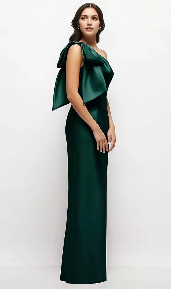 Emerald Green One Shedder Satin Maxi Dress with Bow satin twill fabric, easy and chic Mother of the Bride Dresses