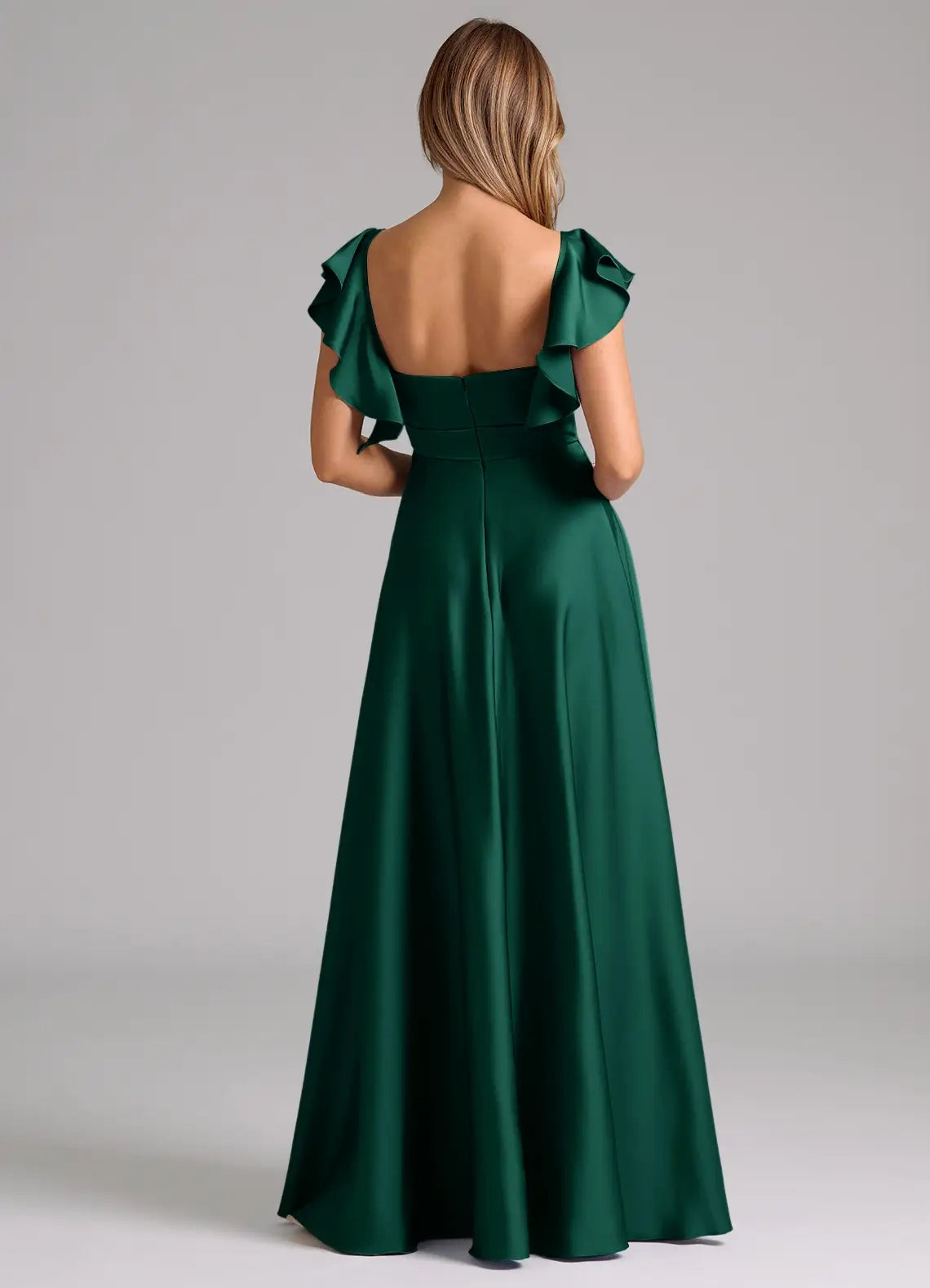 Emerald Green Ruffled Strap Maxi Dress  A-Line Ruched Stretch Satin Dress Bridesmaid Dresses