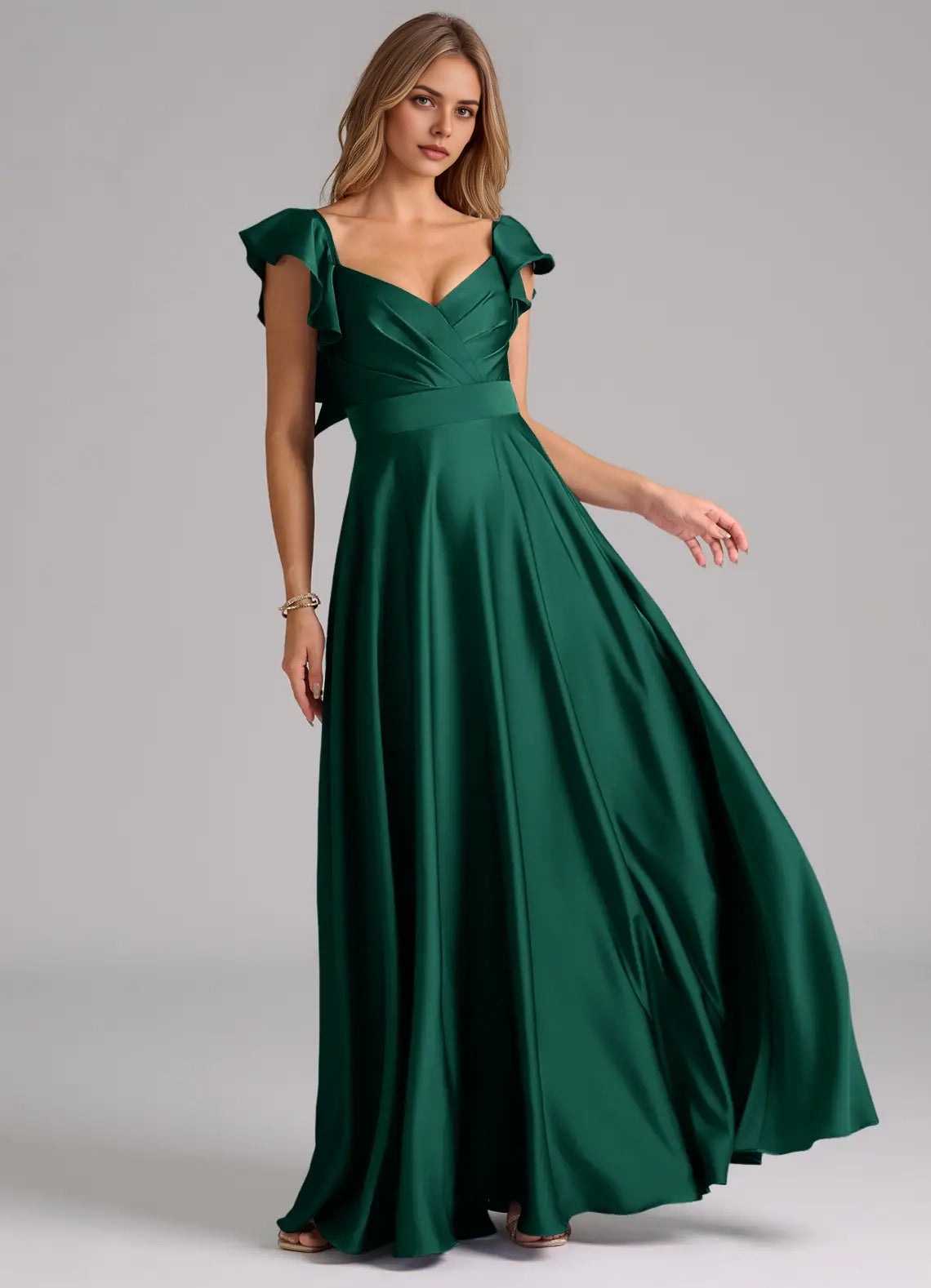 Emerald Green Ruffled Strap Maxi Dress  A-Line Ruched Stretch Satin Dress Bridesmaid Dresses