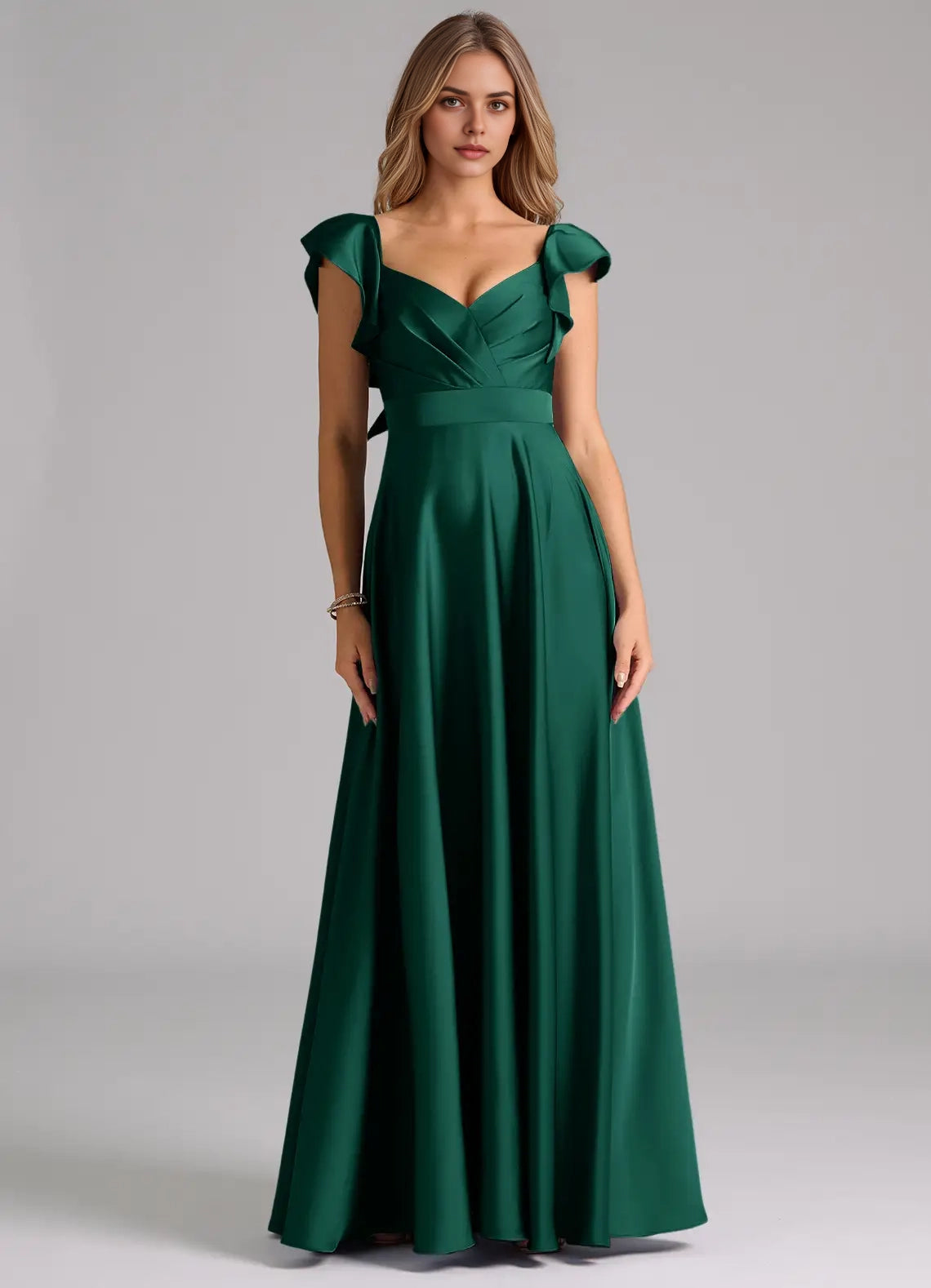 Emerald Green Ruffled Strap Maxi Dress  A-Line Ruched Stretch Satin Dress Bridesmaid Dresses