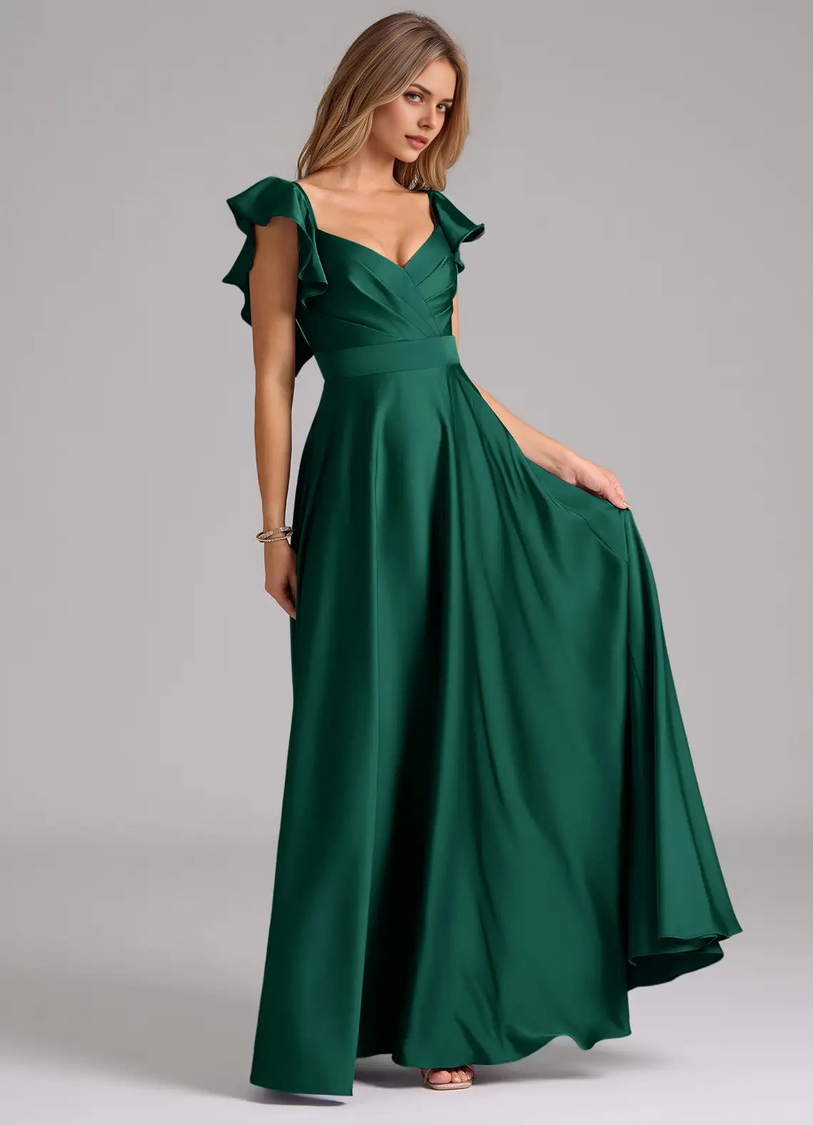 Emerald Green Ruffled Strap Maxi Dress  A-Line Ruched Stretch Satin Dress Bridesmaid Dresses