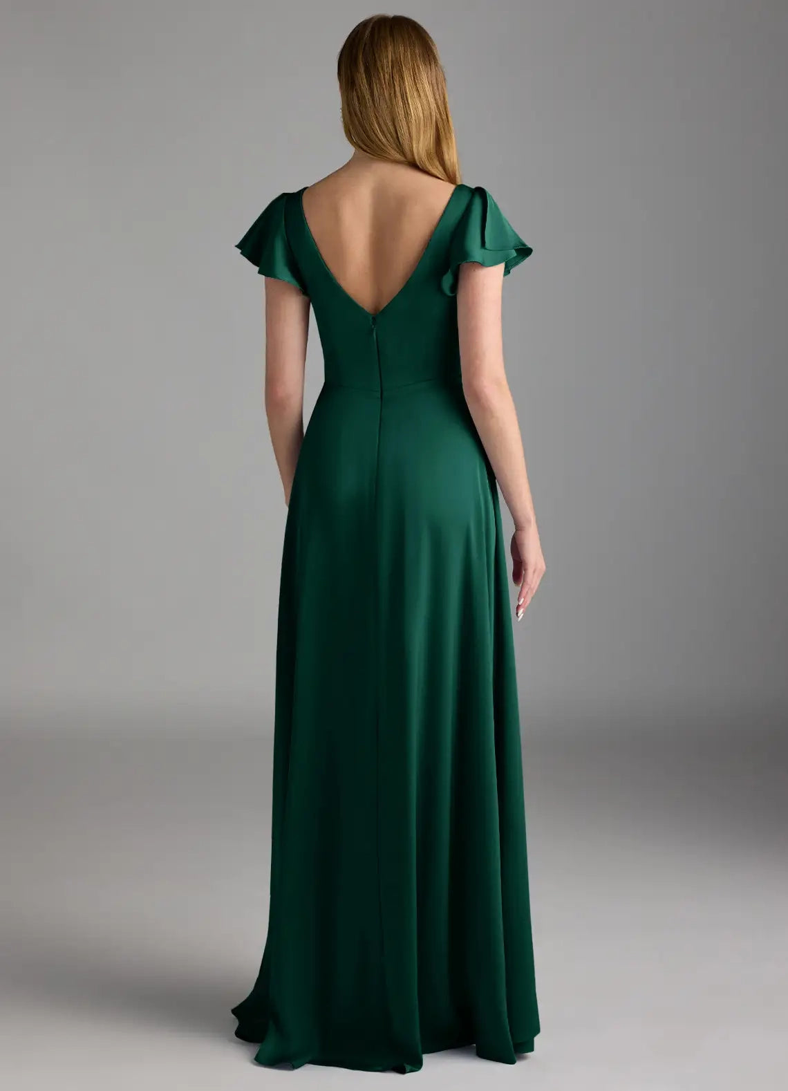 Emerald Green Ruffled V-Neck Maxi Dress with Side Slit A-Line Stretch Satin Dress Bridesmaid Dresses
