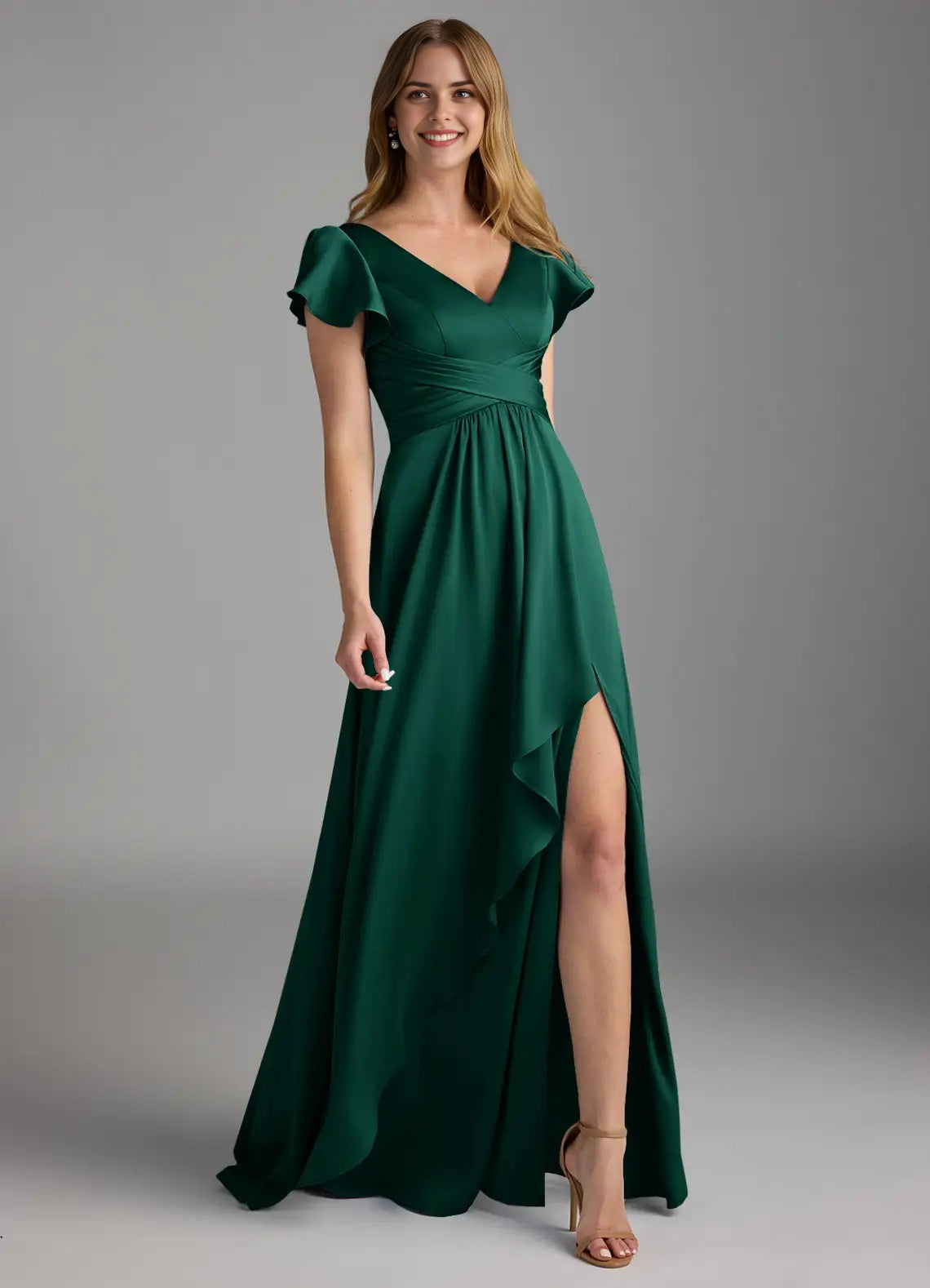 Emerald Green Ruffled V-Neck Maxi Dress with Side Slit A-Line Stretch Satin Dress Bridesmaid Dresses