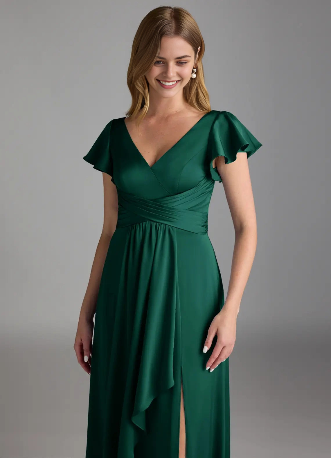 Emerald Green Ruffled V-Neck Maxi Dress with Side Slit A-Line Stretch Satin Dress Bridesmaid Dresses