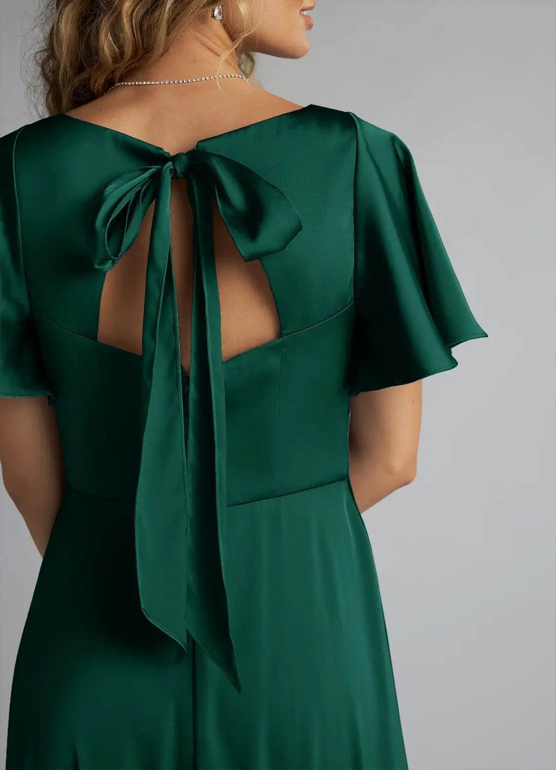 Emerald Green Satin Flutter Sleeve V-Neck Maxi Dress with Back Bow and Side Slit  Emerald A-Line Ruched Stretch Satin Dress Bridesmaid Dresses