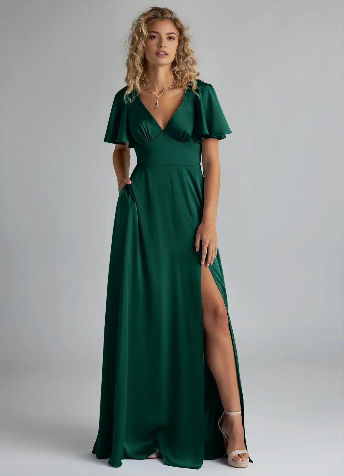 Emerald Green Satin Flutter Sleeve V-Neck Maxi Dress with Back Bow and Side Slit  Emerald A-Line Ruched Stretch Satin Dress Bridesmaid Dresses