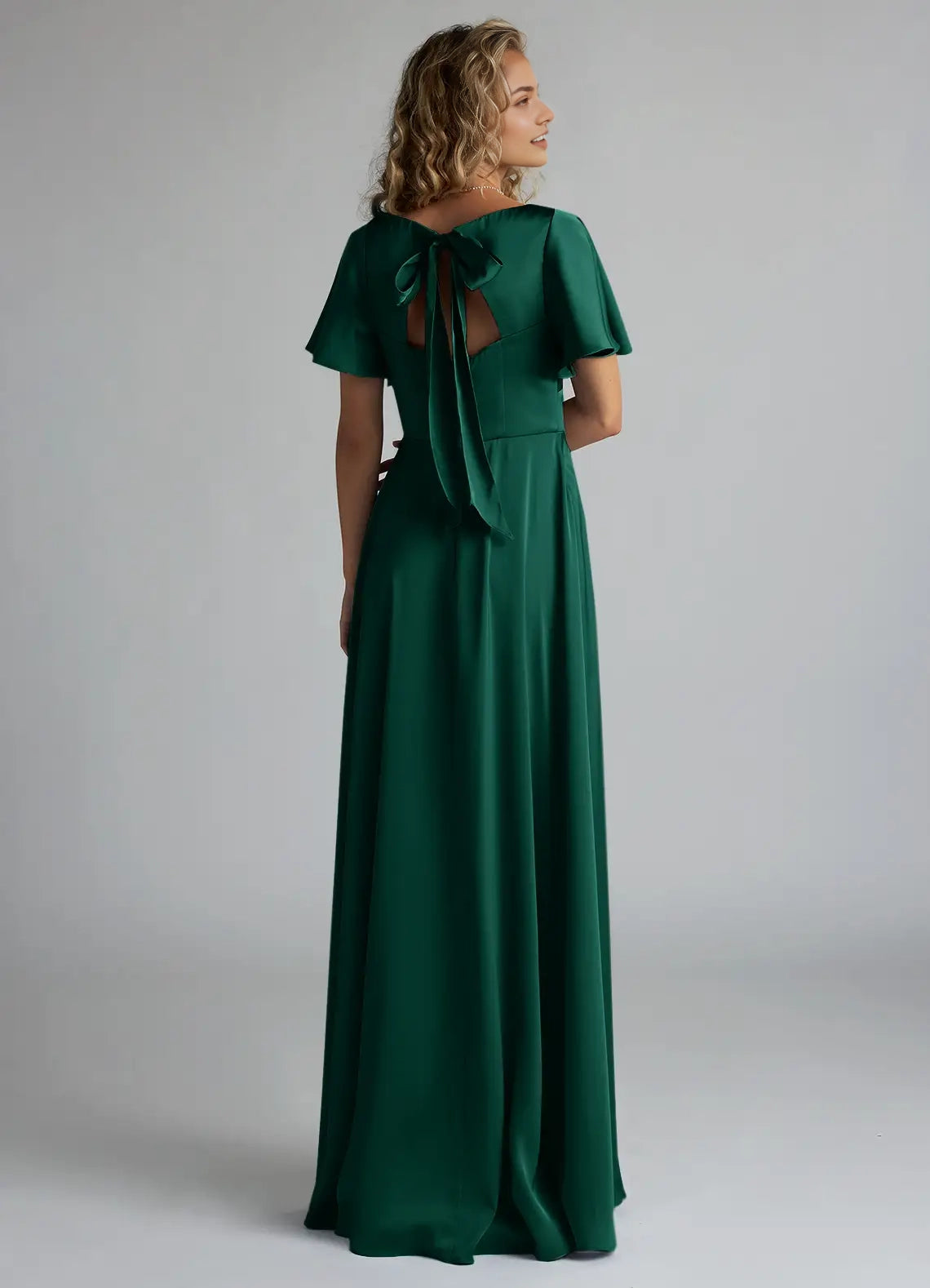 Emerald Green Satin Flutter Sleeve V-Neck Maxi Dress with Back Bow and Side Slit  Emerald A-Line Ruched Stretch Satin Dress Bridesmaid Dresses