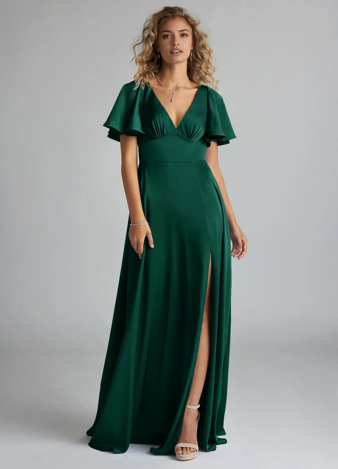 Emerald Green Satin Flutter Sleeve V-Neck Maxi Dress with Back Bow and Side Slit  Emerald A-Line Ruched Stretch Satin Dress Bridesmaid Dresses
